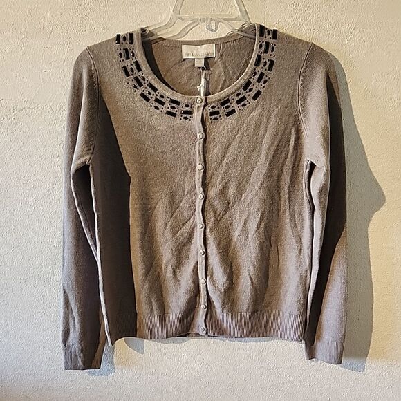 Carolyn Taylor Gray Womens Long Sleeve Cardigan Sweater Petite Medium Beaded New - Picture 1 of 6